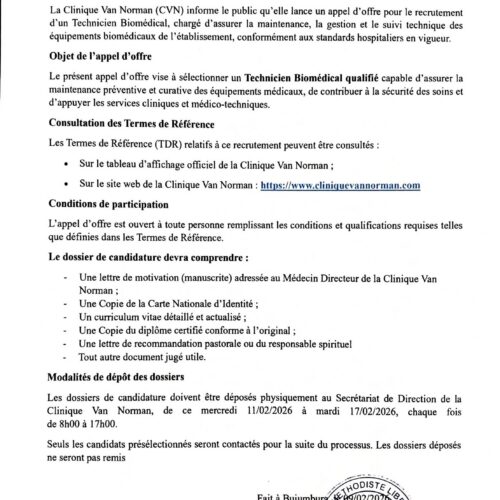 AVIS D’APPEL D’OFFRE – RECRUTEMENT D’UN TECHNICIEN BIOMÉDICAL A LA CVN