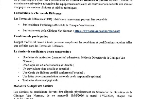 AVIS D’APPEL D’OFFRE – RECRUTEMENT D’UN TECHNICIEN BIOMÉDICAL A LA CVN