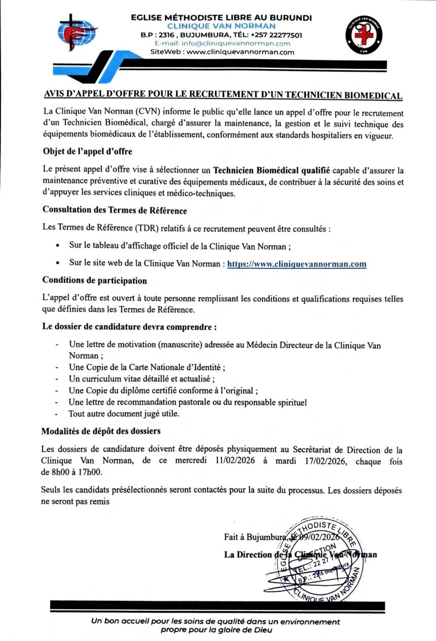 AVIS D’APPEL D’OFFRE – RECRUTEMENT D’UN TECHNICIEN BIOMÉDICAL A LA CVN